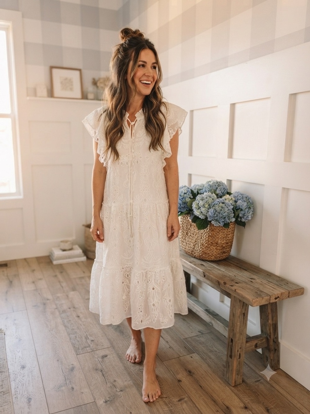 Generation Love Cream Eyelet Tie-Front Midi Dress Small